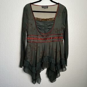 Pyramid Collection Women’s L Green Top Lace Sheer Witchy Boho Fairygoth Floral